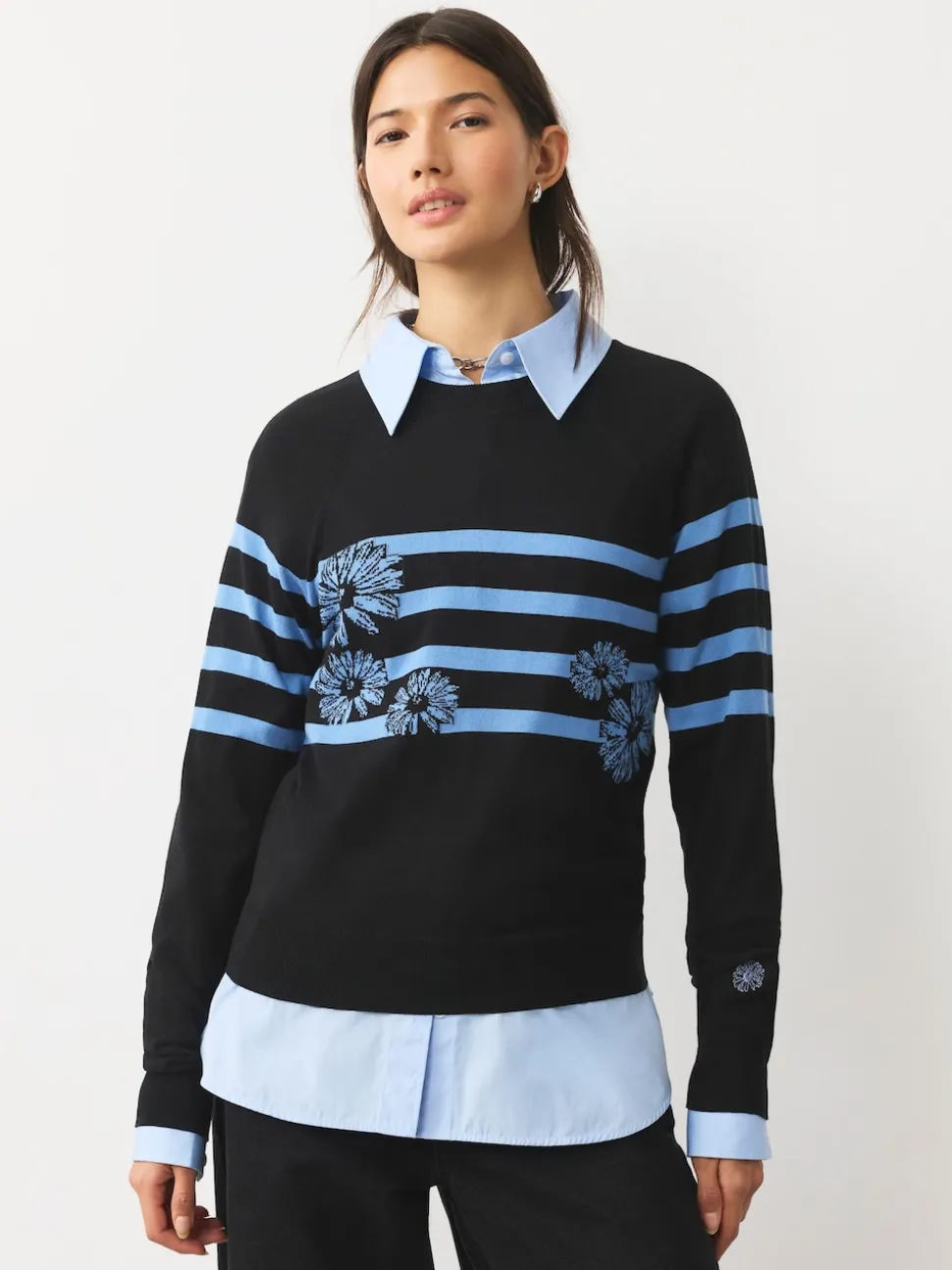 Black/Blue Floral Stripe Soft Touch Crew Neck Cotton Rich Jumper