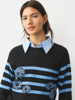 Black/Blue Floral Stripe Soft Touch Crew Neck Cotton Rich Jumper