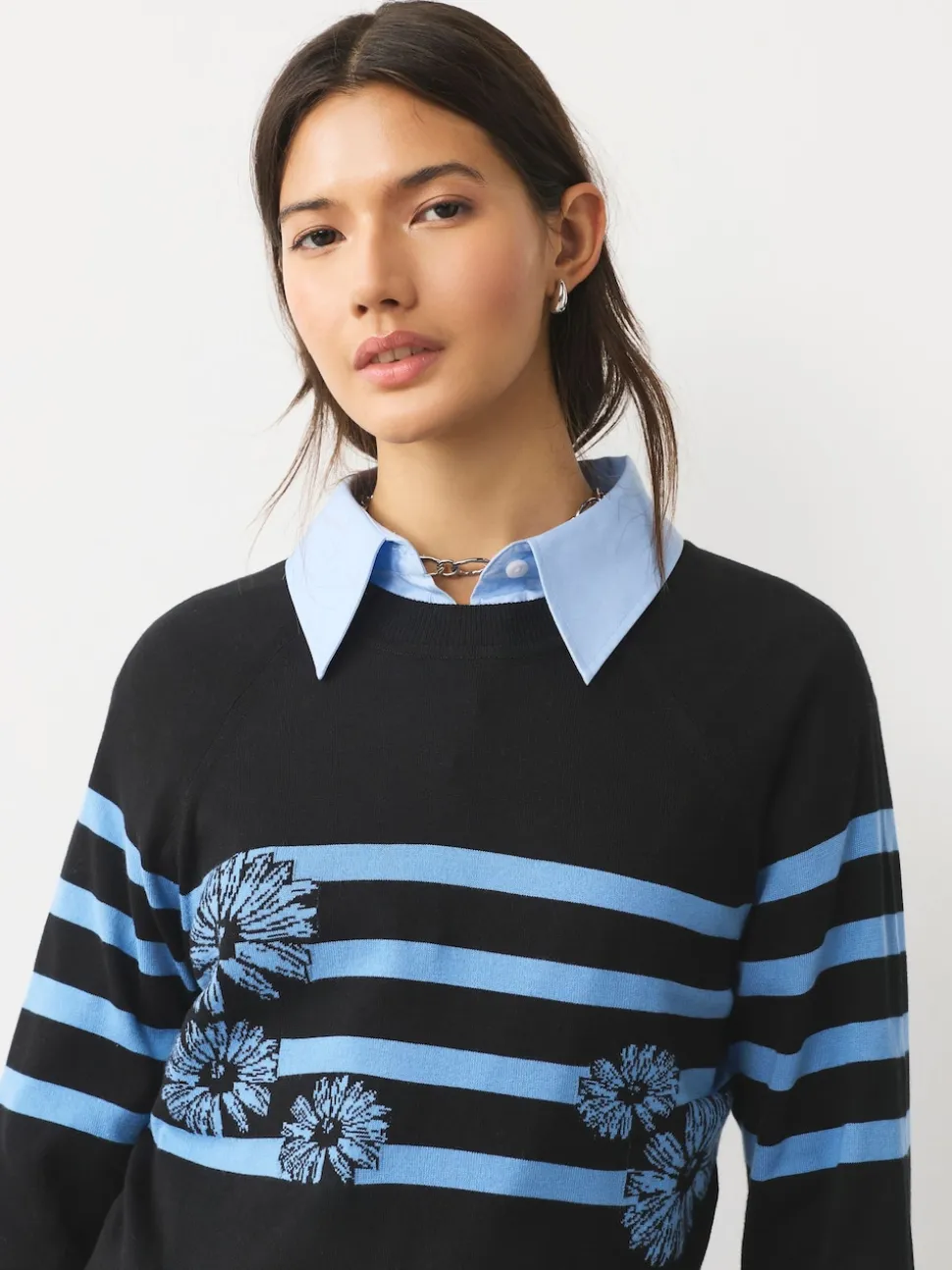 Black/Blue Floral Stripe Soft Touch Crew Neck Cotton Rich Jumper