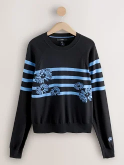 Black/Blue Floral Stripe Soft Touch Crew Neck Cotton Rich Jumper