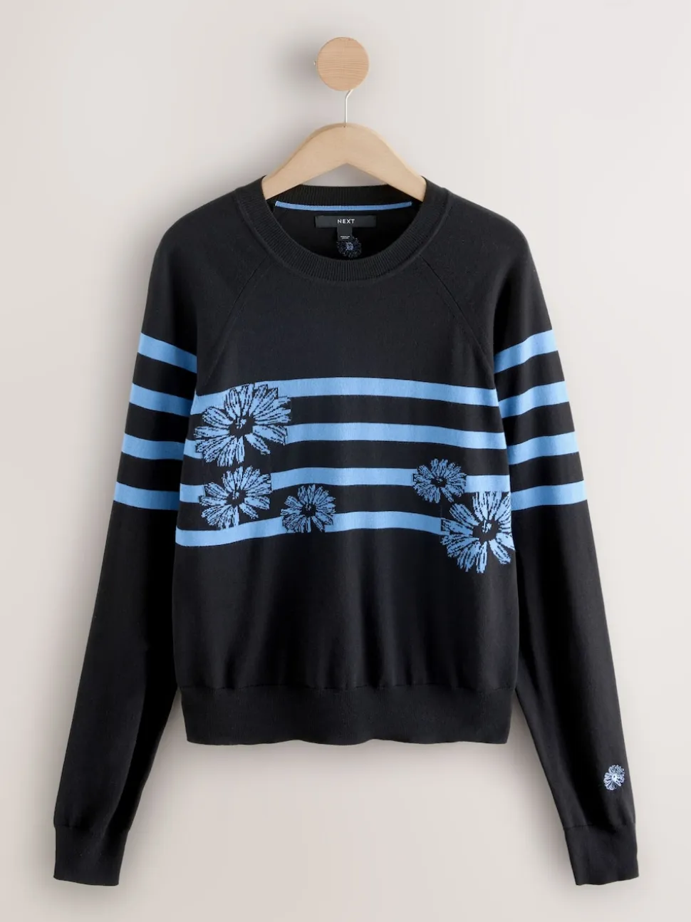 Black/Blue Floral Stripe Soft Touch Crew Neck Cotton Rich Jumper