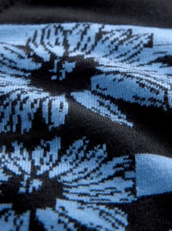 Black/Blue Floral Stripe Soft Touch Crew Neck Cotton Rich Jumper