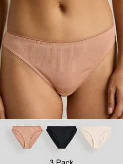 Black/Caramel Nude/Praline Nude High Rise High Leg Cotton Rib Knickers 3 Pack