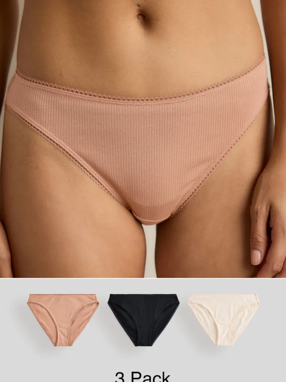 Black/Caramel Nude/Praline Nude High Rise High Leg Cotton Rib Knickers 3 Pack