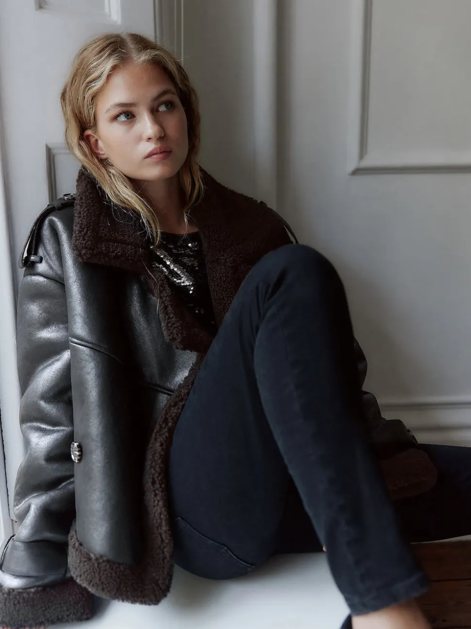 Black/Chocolate Brown Faux Shearling Cropped Aviator Jacket