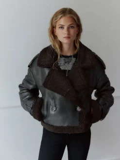 Black/Chocolate Brown Faux Shearling Cropped Aviator Jacket