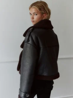 Black/Chocolate Brown Faux Shearling Cropped Aviator Jacket