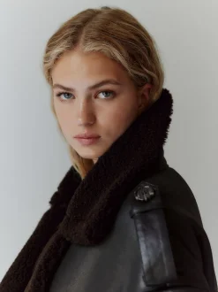 Black/Chocolate Brown Faux Shearling Cropped Aviator Jacket