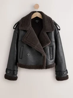 Black/Chocolate Brown Faux Shearling Cropped Aviator Jacket