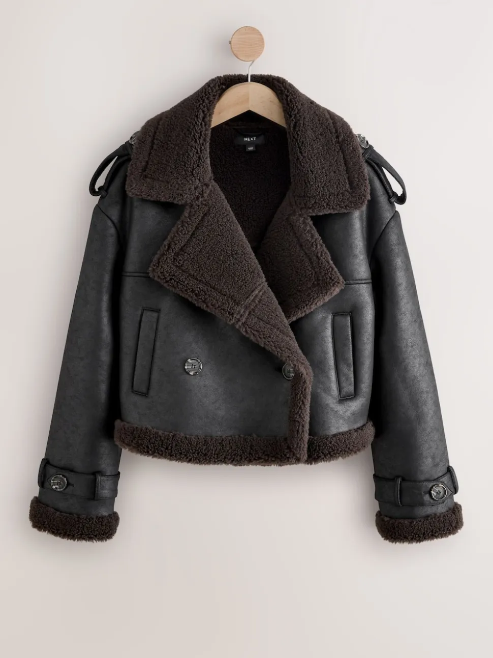 Black/Chocolate Brown Faux Shearling Cropped Aviator Jacket