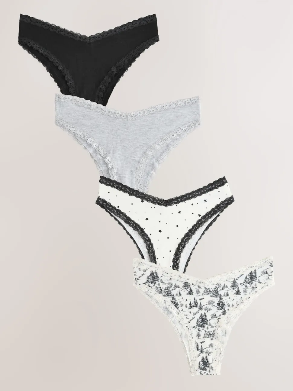 Black/Cream Extra High Leg Cotton Lace Knickers 4 Pack