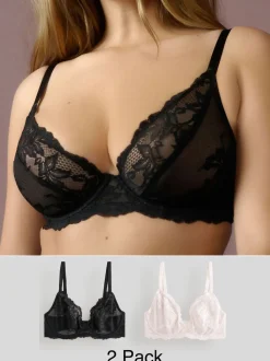 Black/Cream Non Pad Plunge DD+ Lace Bras 2 Pack
