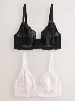 Black/Cream Non Pad Plunge DD+ Lace Bras 2 Pack