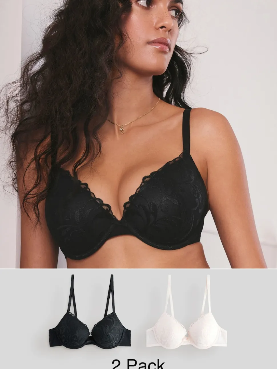 Black/Cream Pad Plunge Embroidered Bras 2 Pack