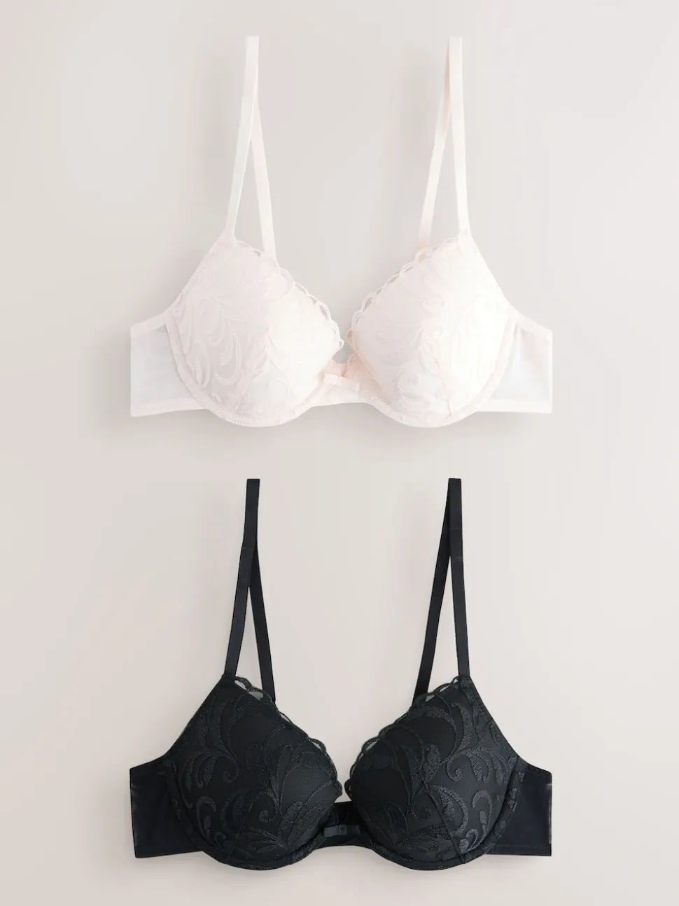 Black/Cream Pad Plunge Embroidered Bras 2 Pack