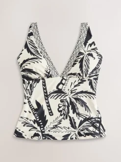 Black/Cream Palm Plunge Tummy Control Tankini Top