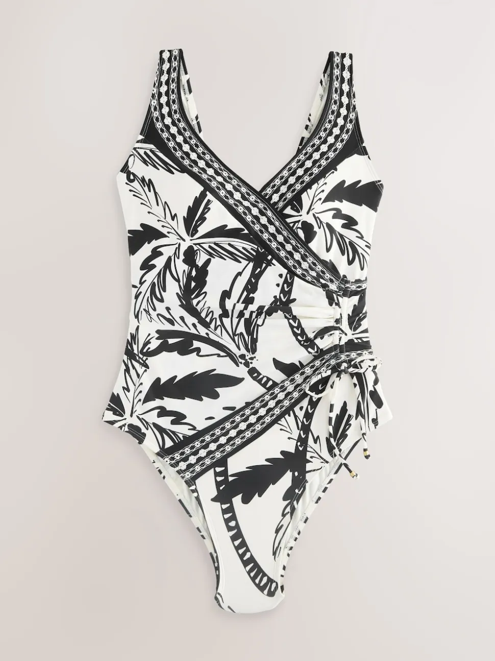 Black/Cream Palm Ruched Side Tummy Shaping Control Swimsuit