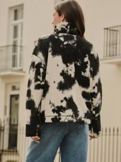 Black/Ecru Cow Print Soft Touch Cosy Teddy Borg Quarter Zip Fleece
