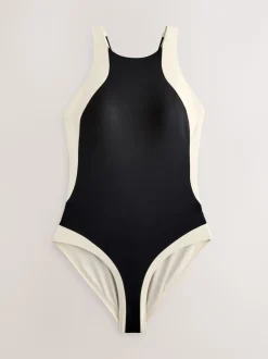 Black/Ecru High Neck Halterneck Tummy Control Swimsuit