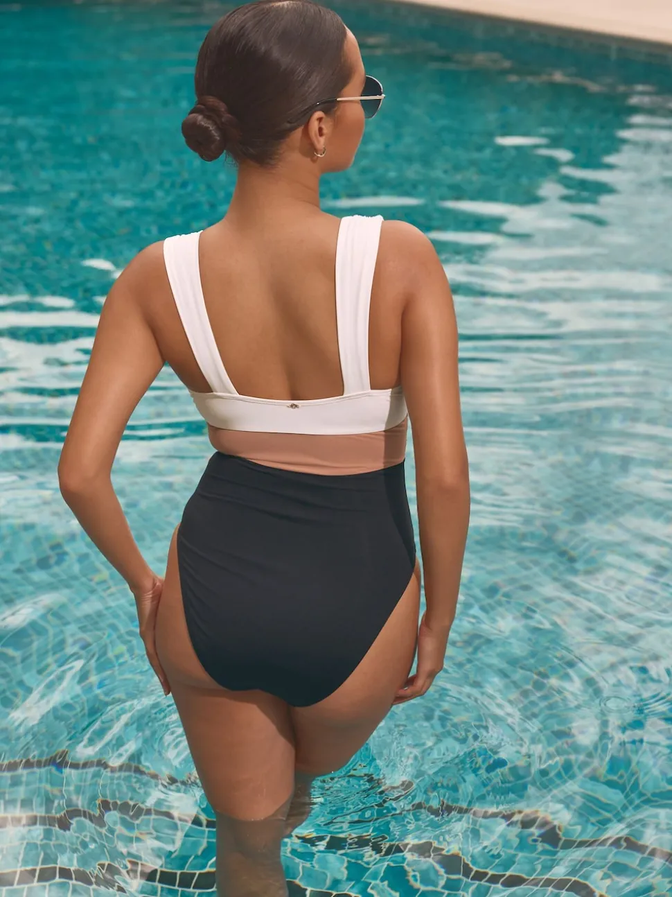 Black/Ecru/Beige Plunge Tummy Control Swimsuit