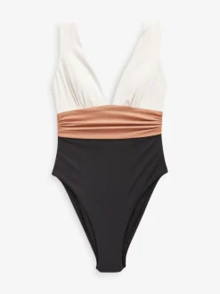 Black/Ecru/Beige Plunge Tummy Control Swimsuit
