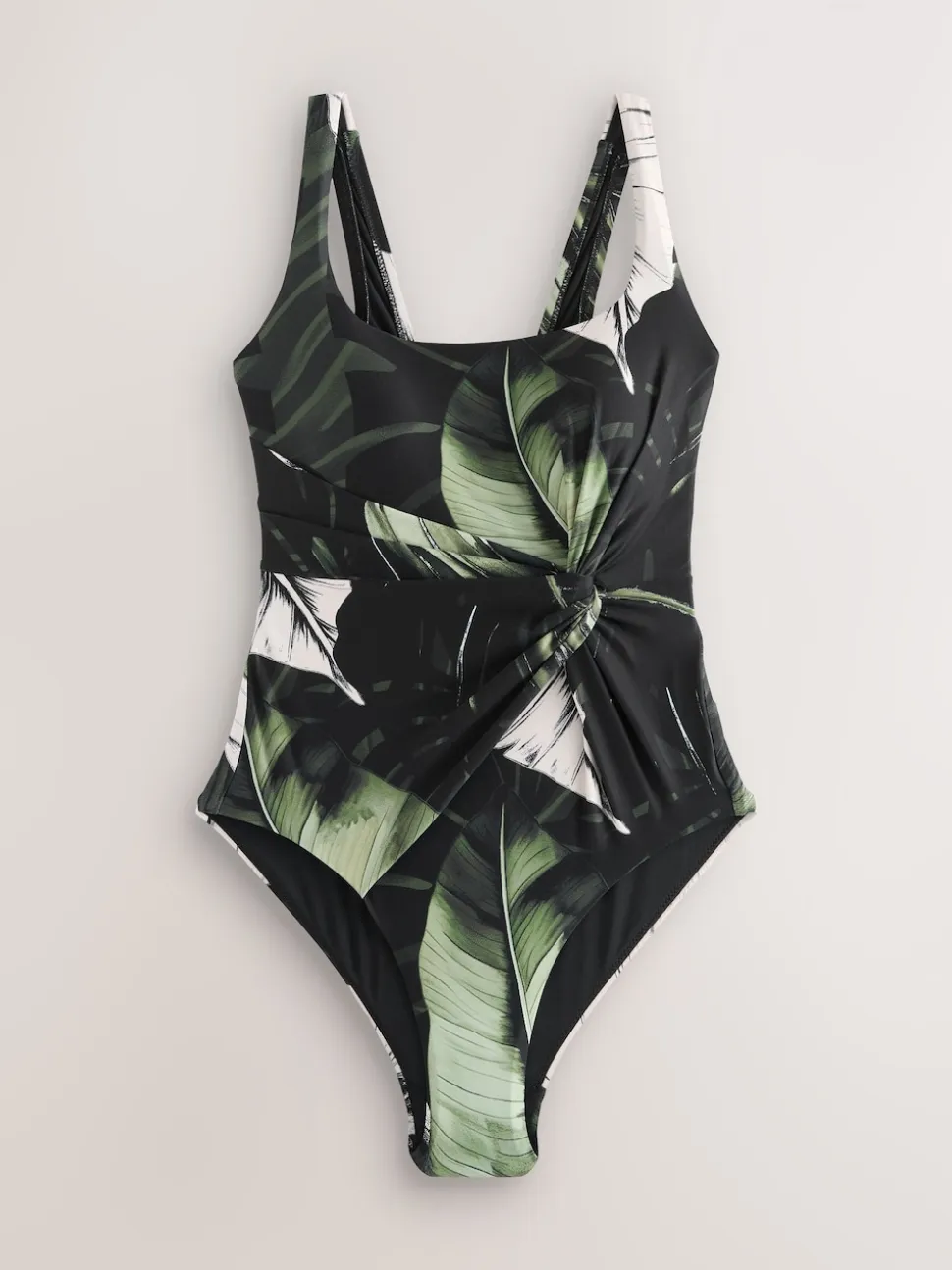 Black/Green Leaf Twist Scoop Tummy Control Swimsuit