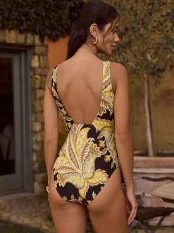 Black/Green Paisley Plunge Shaping Tummy Control Swimsuit