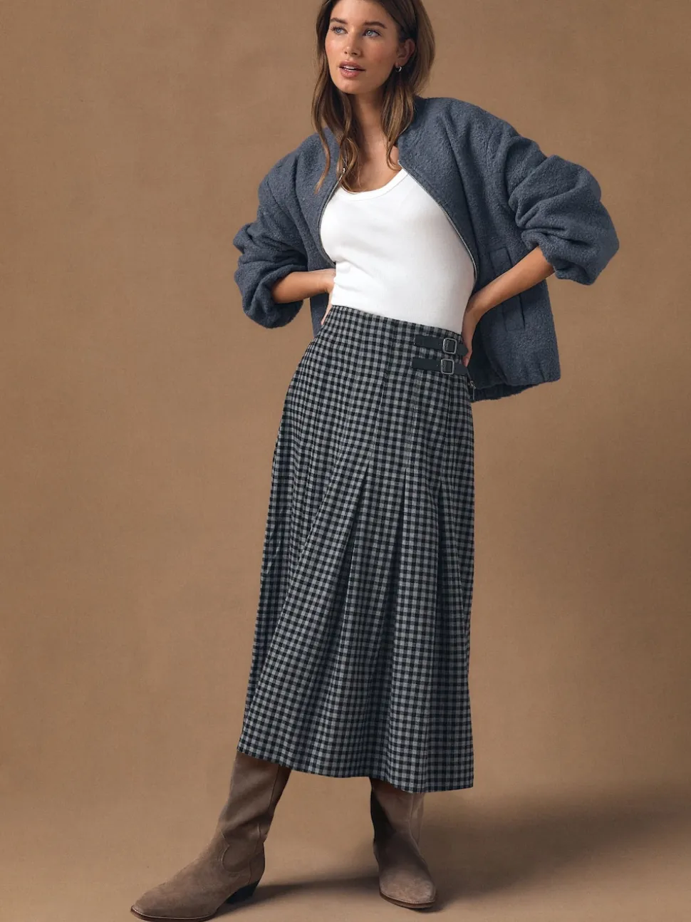 Black/Grey Gingham Midi Kilt Skirt