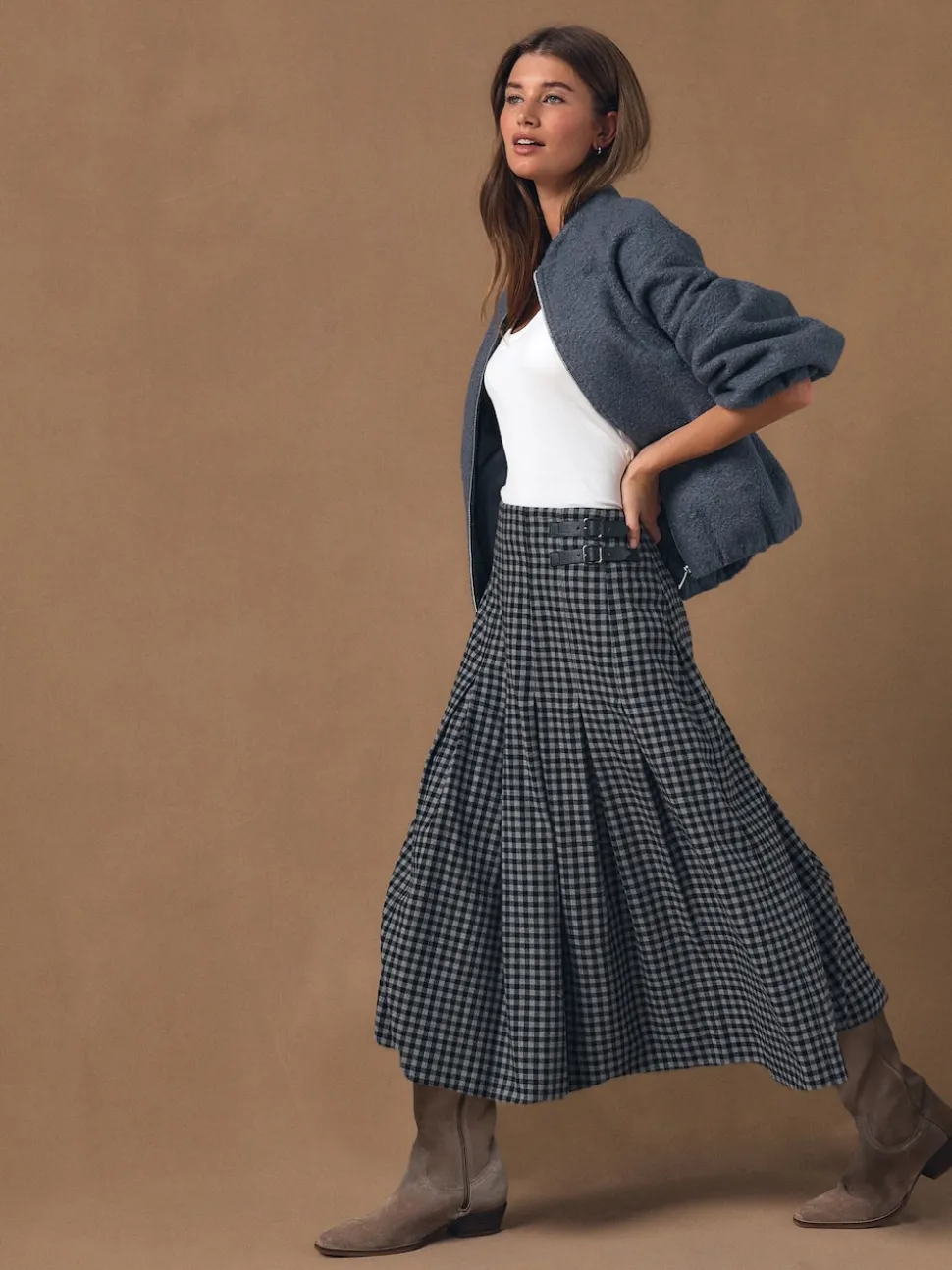 Black/Grey Gingham Midi Kilt Skirt