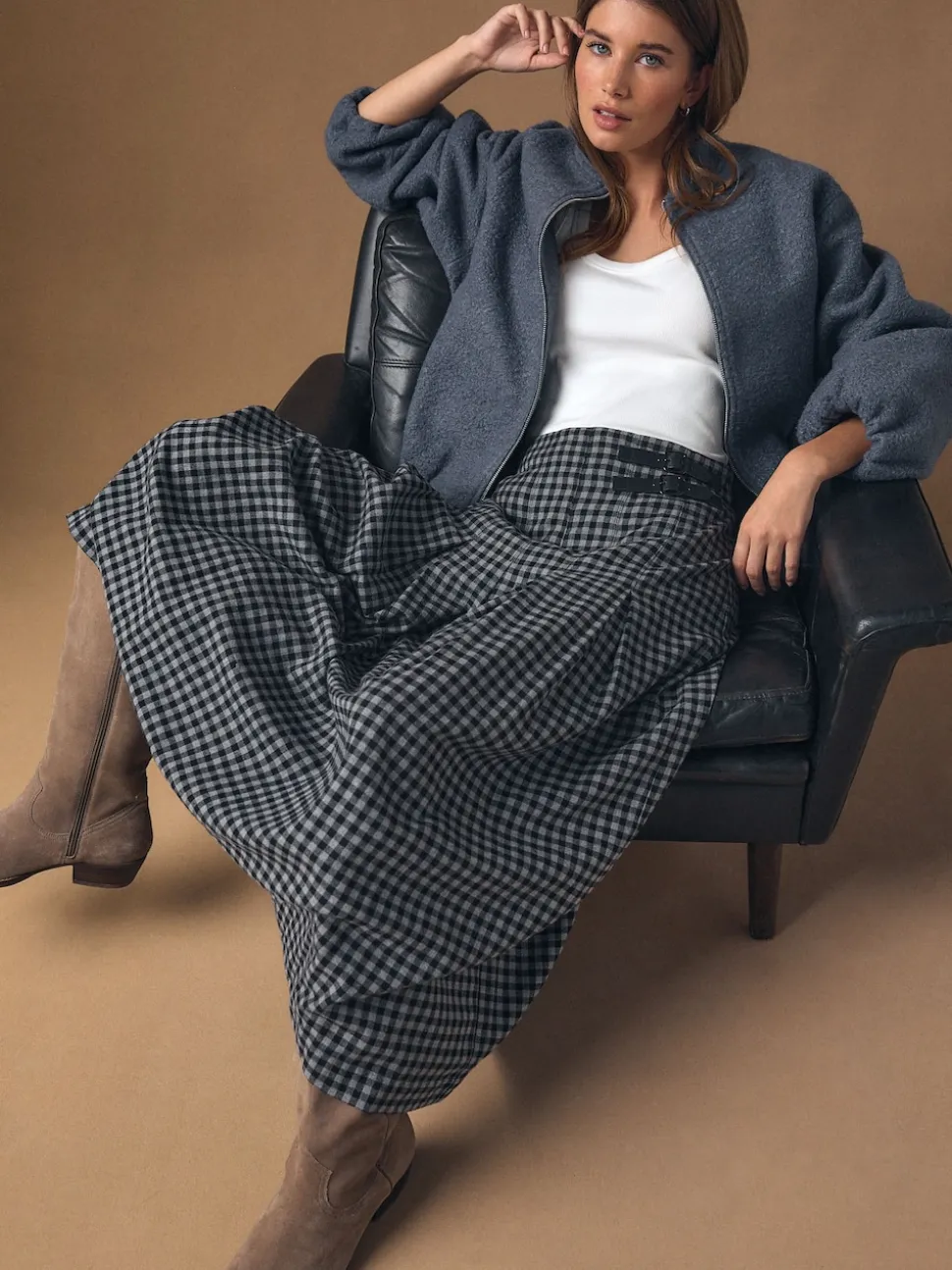 Black/Grey Gingham Midi Kilt Skirt