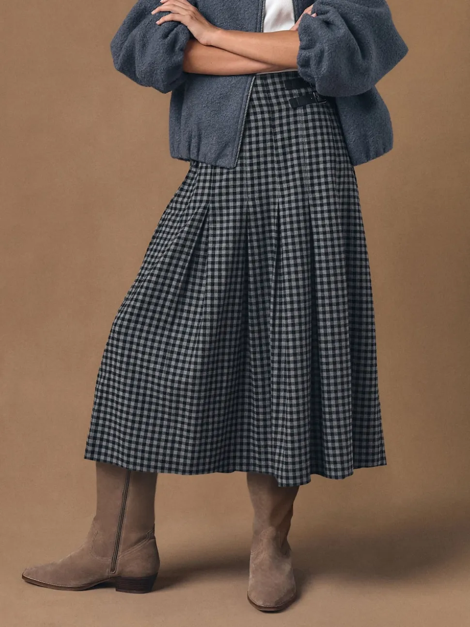 Black/Grey Gingham Midi Kilt Skirt