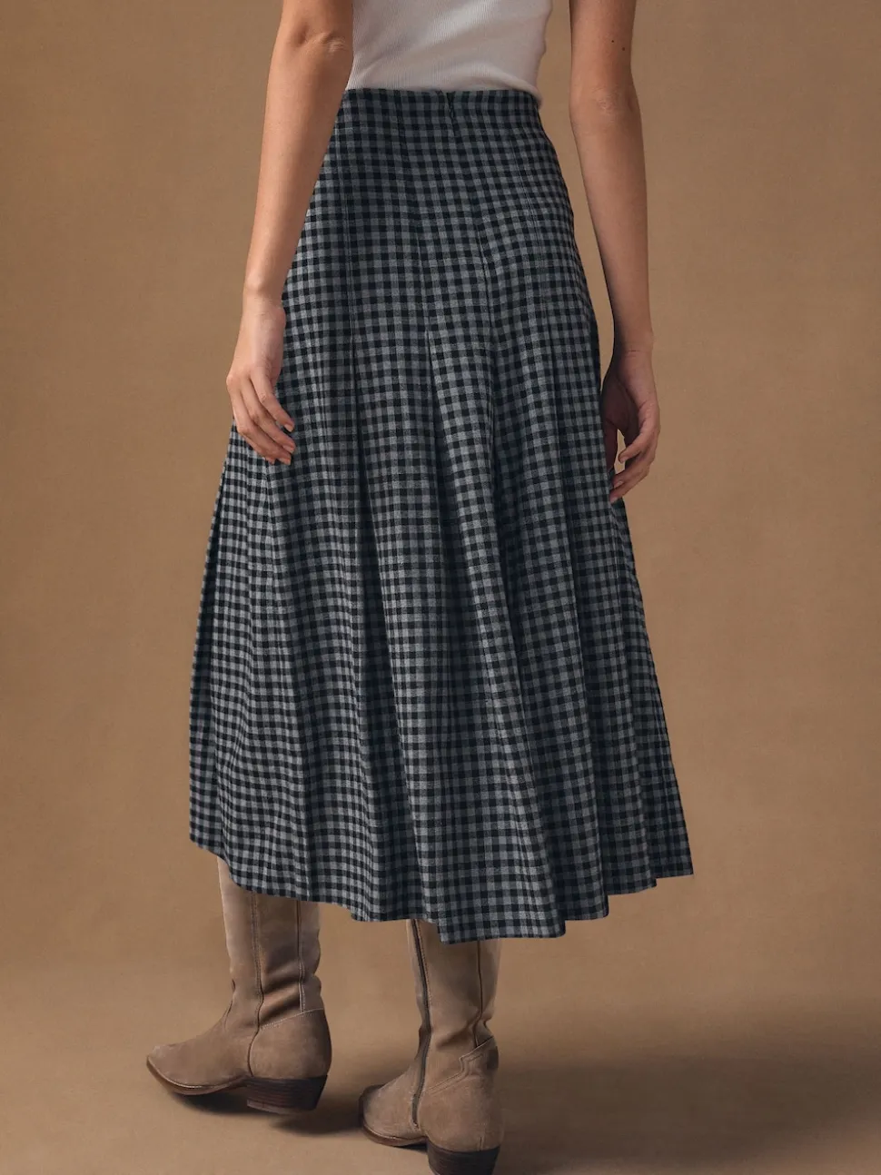 Black/Grey Gingham Midi Kilt Skirt