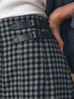 Black/Grey Gingham Midi Kilt Skirt