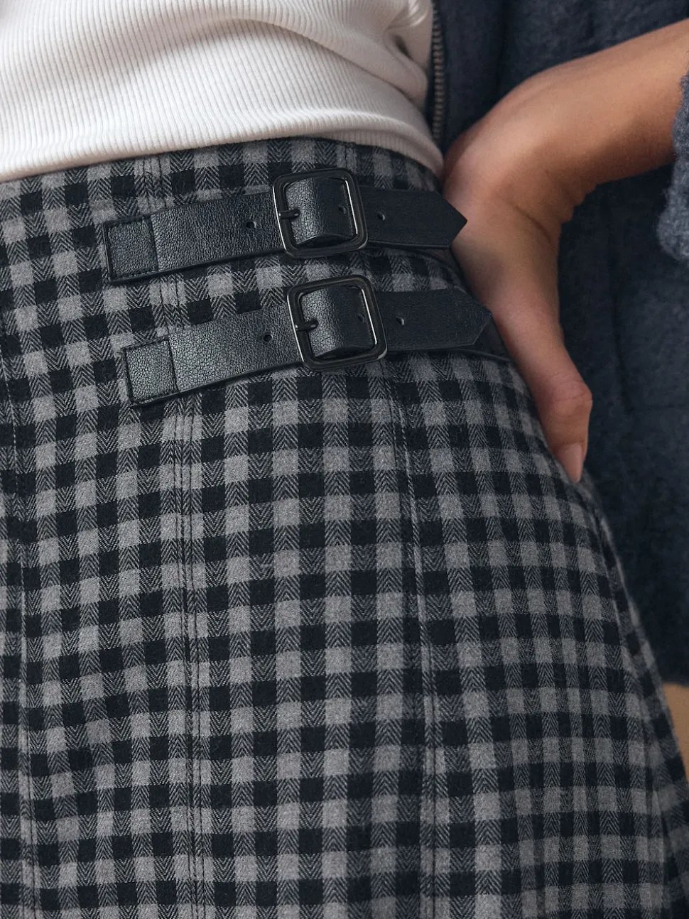 Black/Grey Gingham Midi Kilt Skirt