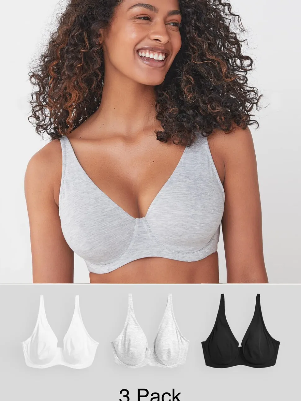 Black/Grey Marl/White Non Pad Full Cup DD+ Cotton Blend Ultimate Comfort Bras 3 Pack