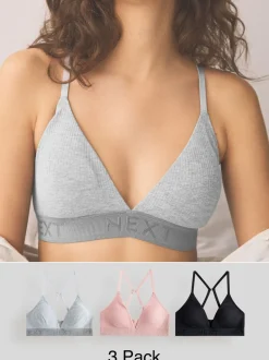 Black/Grey/Pink Cotton Ribbed Logo Bralettes 3 Pack