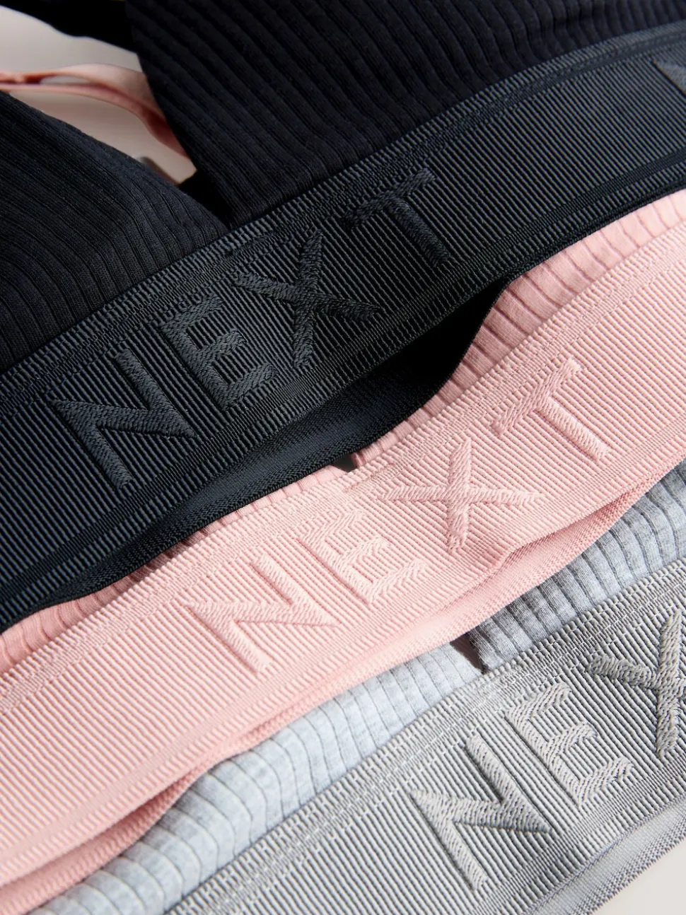 Black/Grey/Pink Cotton Ribbed Logo Bralettes 3 Pack