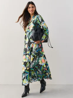 Black/Multi Floral Long Sleeve Midi Shirt Dress
