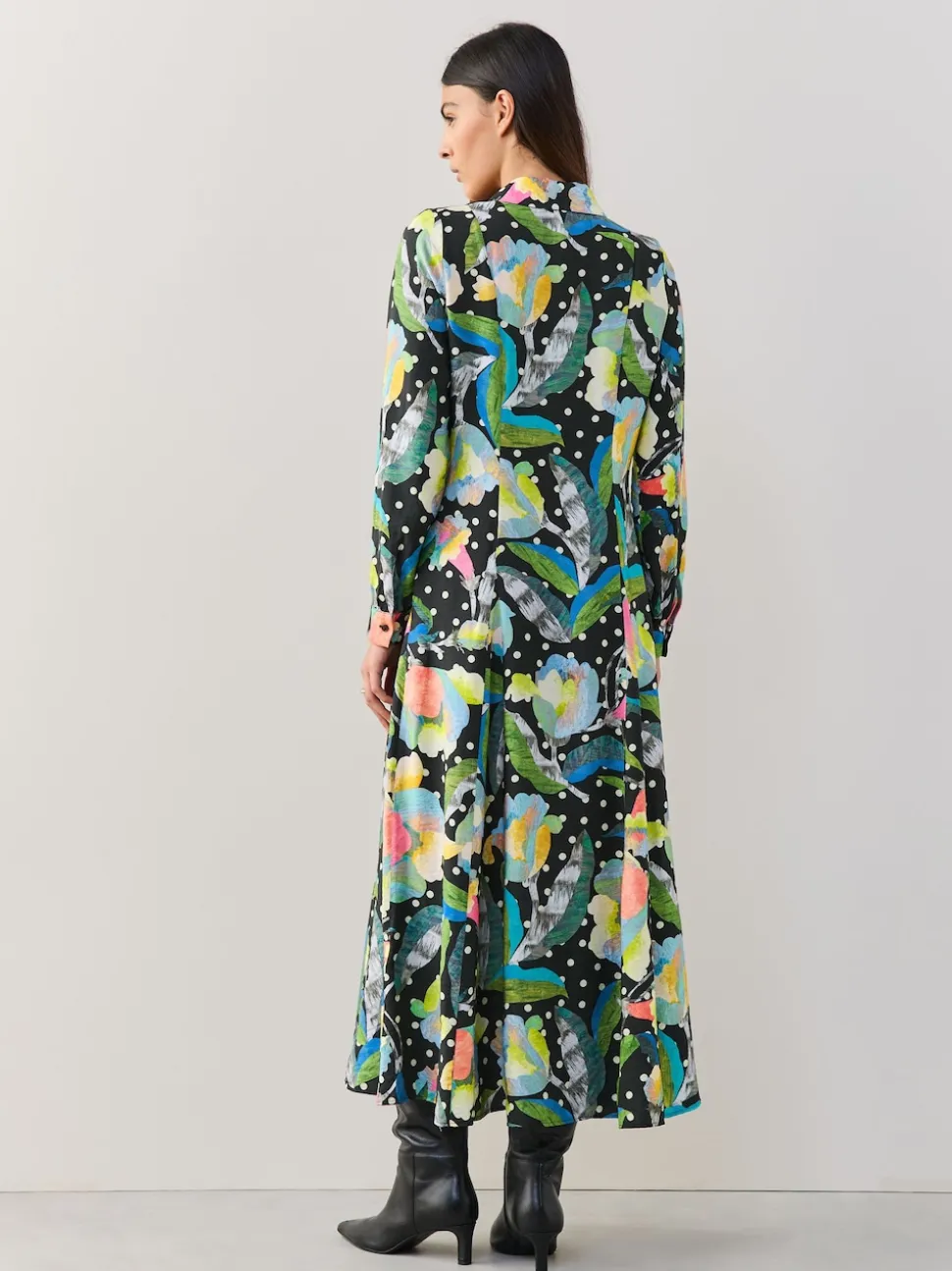 Black/Multi Floral Long Sleeve Midi Shirt Dress