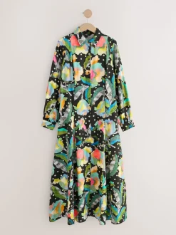 Black/Multi Floral Long Sleeve Midi Shirt Dress