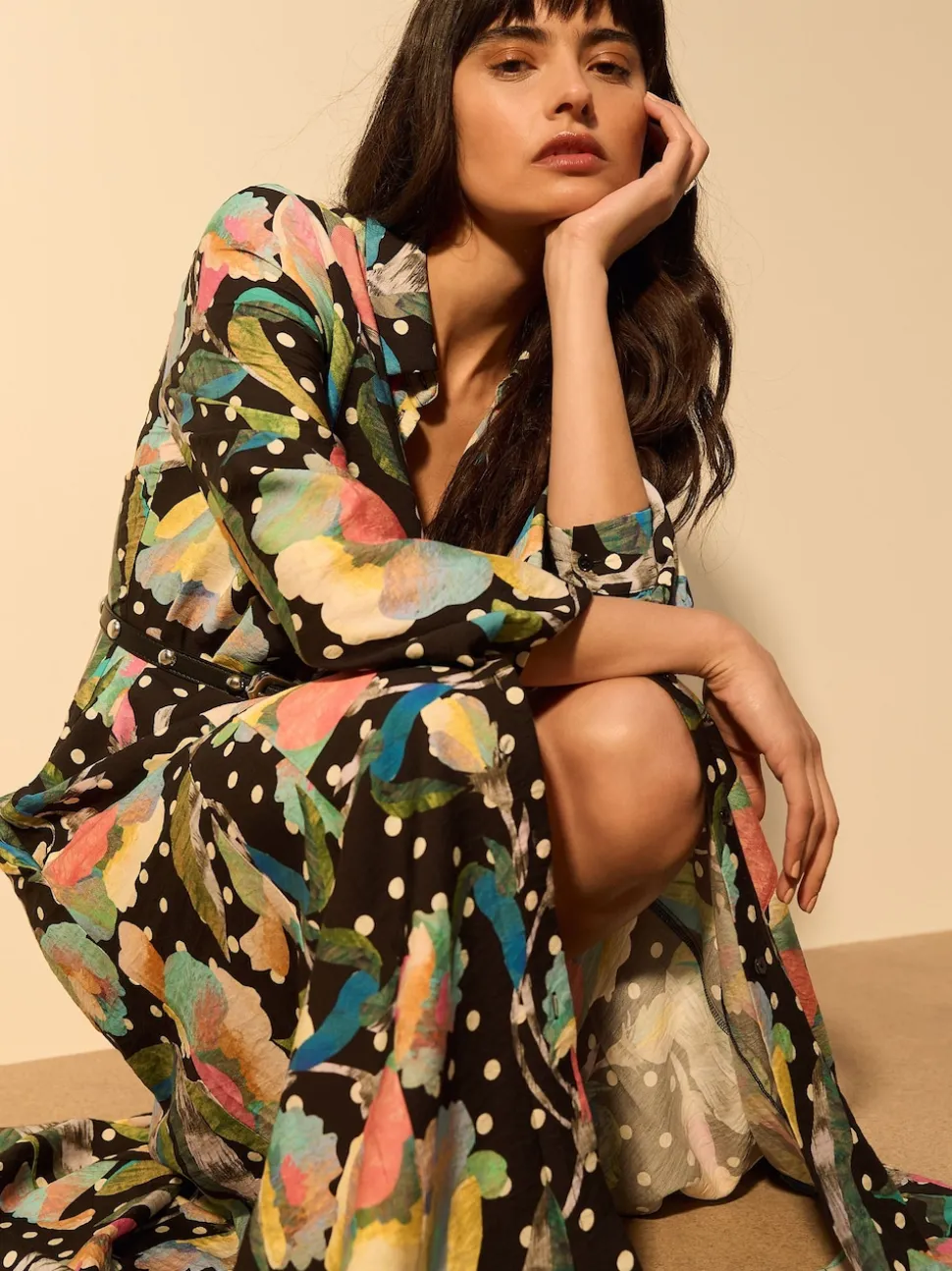Black/Multi Floral Printed Long Sleeve Shirt Dress