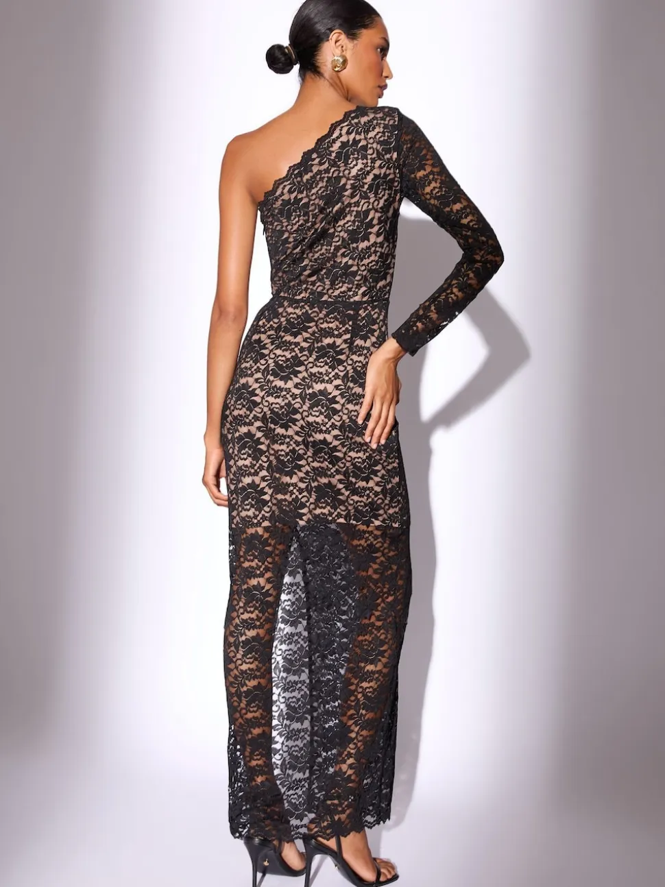 Black/Nude Petite Lace One Shoulder Bodycon Midaxi Dress