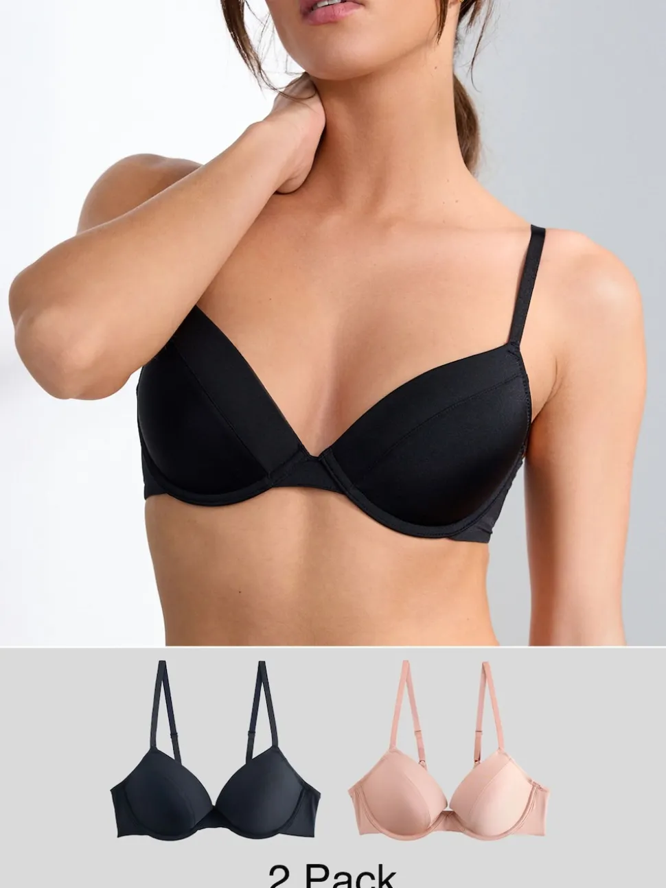 Black/Nude Push Up Pad Plunge A-E Smoothing Ultimate Comfort Bras 2 Pack