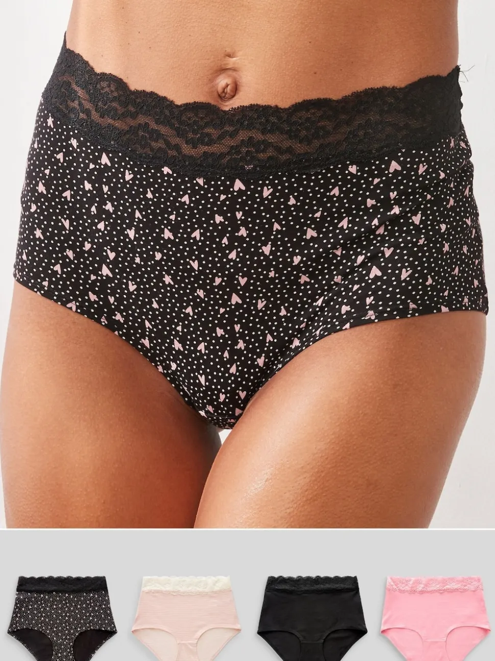 Black/Pink Heart Print Full Brief Cotton Lace Knickers 4 Pack