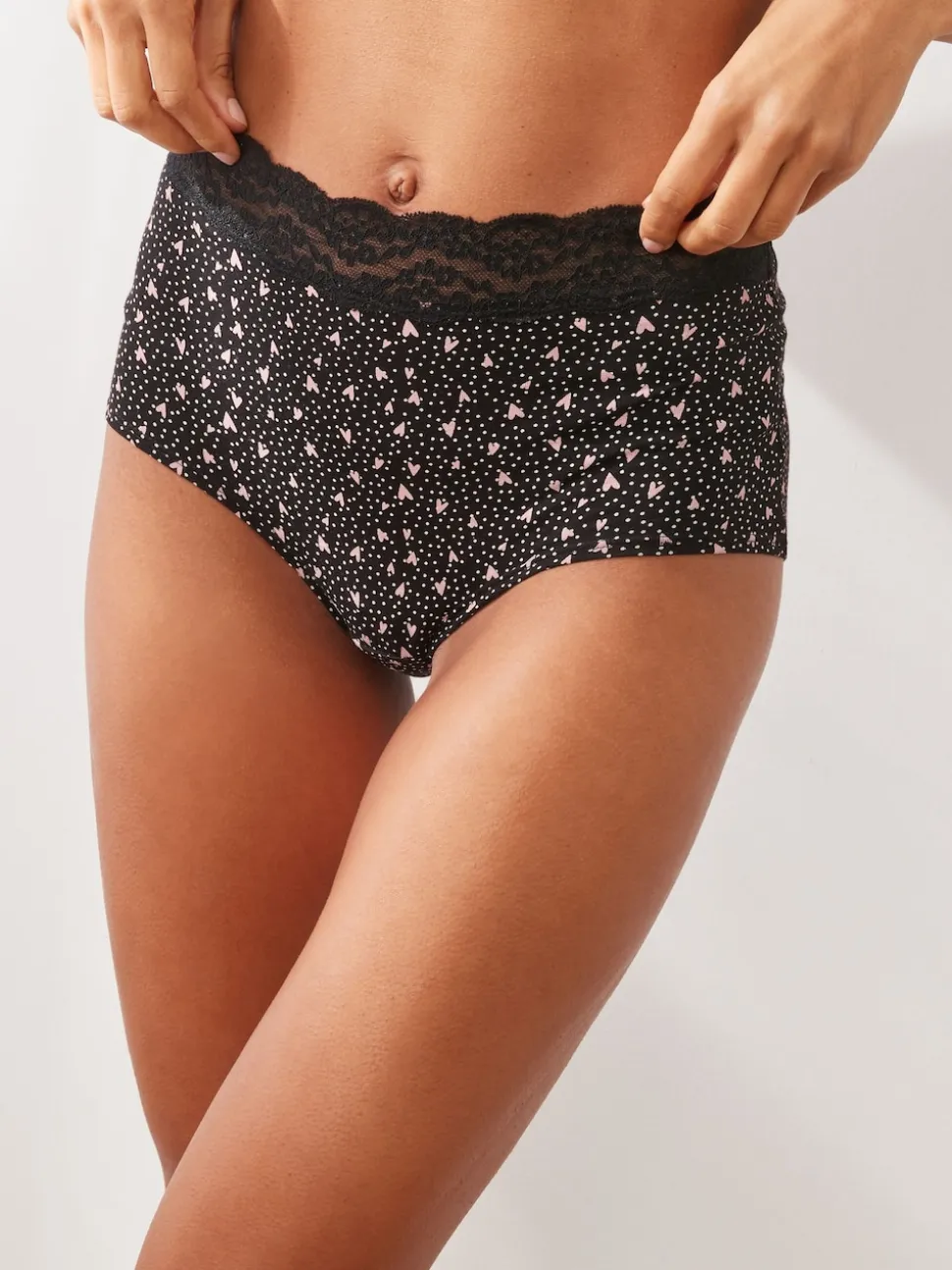 Black/Pink Heart Print Full Brief Cotton Lace Knickers 4 Pack