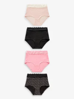 Black/Pink Heart Print Full Brief Cotton Lace Knickers 4 Pack