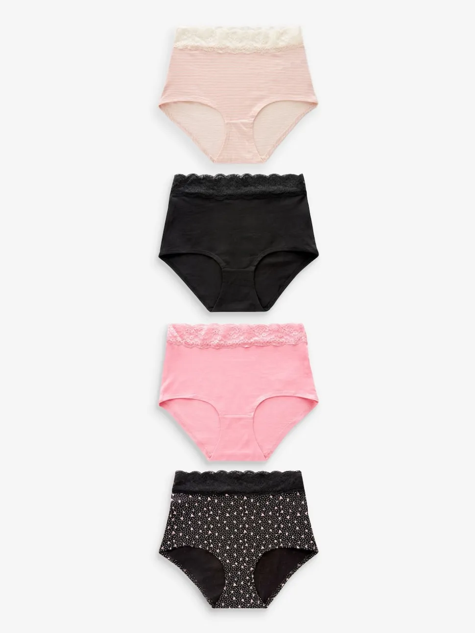 Black/Pink Heart Print Full Brief Cotton Lace Knickers 4 Pack