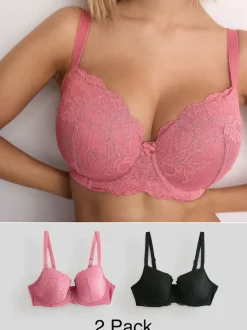 Black/Pink Pad Balcony DD+ Lace Bras 2 Pack
