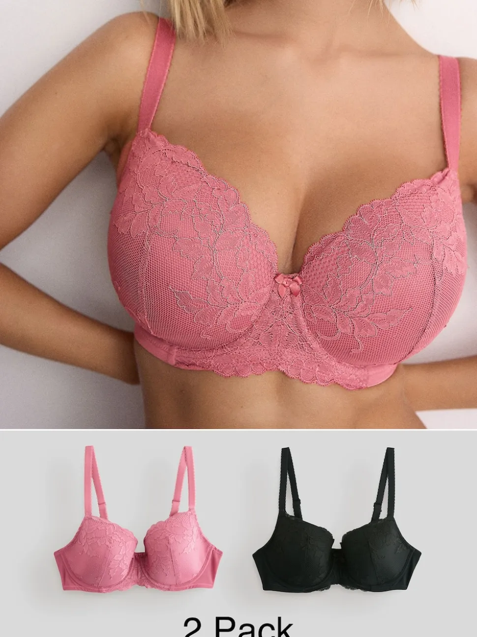 Black/Pink Pad Balcony DD+ Lace Bras 2 Pack