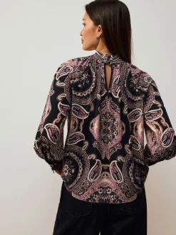 Black/Pink Paisley Long Sleeve Twist Neck Jersey Blouse
